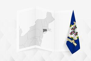 A grayscale map of Connecticut with a hanging Connecticut flag on one side. Map for many types of news. vector