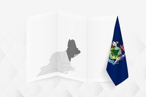 A grayscale map of Maine with a hanging Maine flag on one side. Map for many types of news. vector