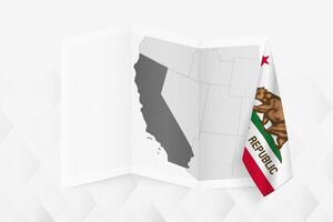 A grayscale map of California with a hanging California flag on one side. Map for many types of news. vector