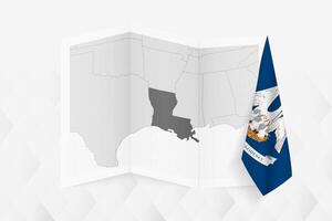 A grayscale map of Louisiana with a hanging Louisiana flag on one side. Map for many types of news. vector