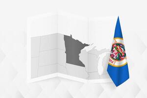 A grayscale map of Minnesota with a hanging Minnesota flag on one side. Map for many types of news. vector