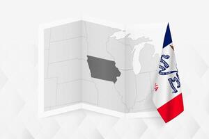 A grayscale map of Iowa with a hanging Iowa flag on one side. Map for many types of news. vector