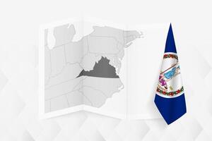 A grayscale map of Virginia with a hanging Virginia flag on one side. Map for many types of news. vector