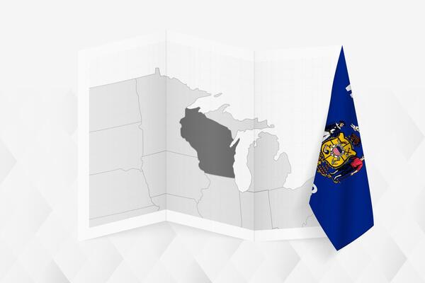 A grayscale map of Wisconsin with a hanging Wisconsin flag on one side. Map for many types of news.