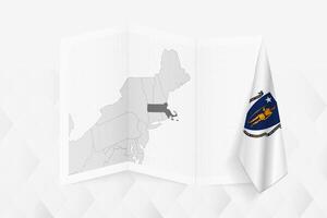 A grayscale map of Massachusetts with a hanging Massachusetts flag on one side. Map for many types of news. vector