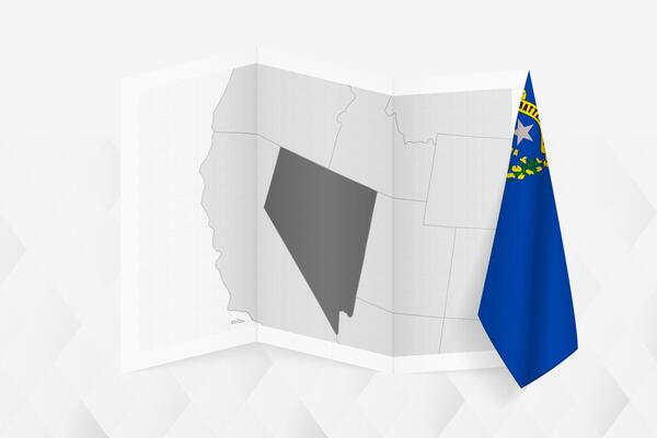 A grayscale map of Nevada with a hanging Nevada flag on one side. Map for many types of news.