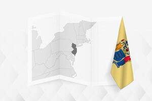 A grayscale map of New Jersey with a hanging New Jersey flag on one side. Map for many types of news. vector