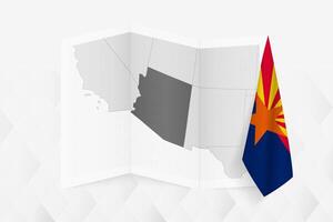 A grayscale map of Arizona with a hanging Arizona flag on one side. Map for many types of news. vector