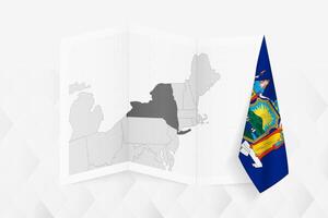 A grayscale map of New York with a hanging New York flag on one side. Map for many types of news. vector