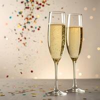 Two sleek champagne flutes clinking together, with golden bubbles rising inside, set against a subtle confetti background photo