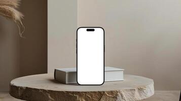 Black titanium smartphone mockup template with blank screen on marble table photo