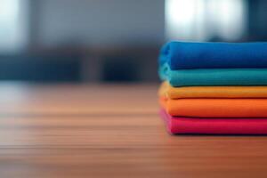 A stack of colorful folded clothes on a wooden table photo