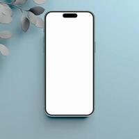 Teal smartphone mockup template with blank screen on green background photo