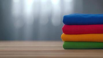 A stack of colorful clothes on a wooden table photo