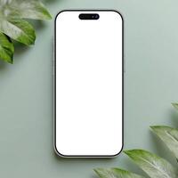 White titanium smartphone mockup template with blank screen on green background photo