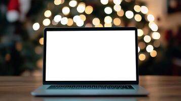 Mockup template of laptop on the table. Front screen view. Christmas tree on background photo