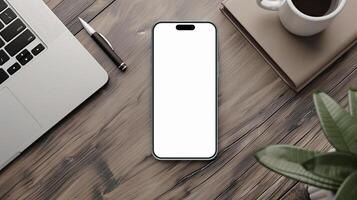 Teal smartphone mockup template with blank screen on wooden table photo