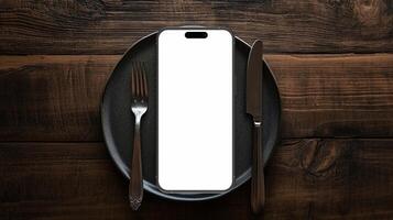 Black smartphone mockup template with blank screen on plate with knife and fork photo