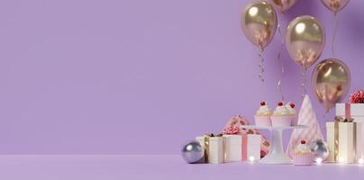 Cupcakes and Balloons with Gifts, Festive Purple 3D Render photo