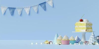 Blue Party Scene with Cake, Cupcakes, and Bunting Flags 3D Render. photo