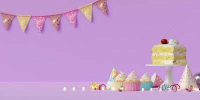 Cake and Cupcakes, Festive Celebration Setting 3D Render Description. photo