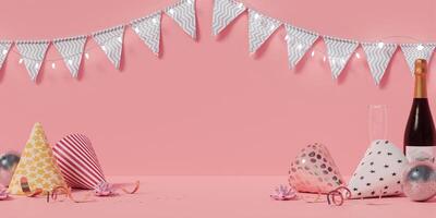 Playful Pink Party with Champagne and Party Hats 3D Render. photo