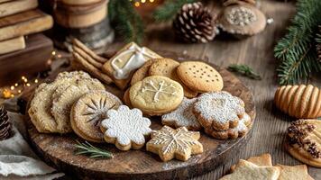 Handmade Christmas cookies with simple frosting and powdered sugar, displayed on a rustic table with natural elements like pine cones and wooden ornaments. Christmas cookies video