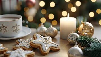 Highly detailed 3D Christmas cookies on a holiday table, surrounded by festive elements like ornaments, a candle, and cocoa for a cozy, rich atmosphere. Christmas cookies video