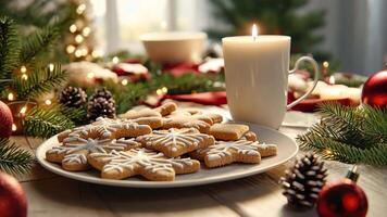 Realistic 3D Christmas cookies with lifelike textures, arranged on a festive table with detailed ornaments and a cup of hot cocoa for a rich holiday scene. Christmas cookies video