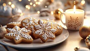 3D-rendered Christmas cookies with intricate textures, displayed with festive details like Christmas ornaments and a steaming cup of cocoa for a detailed holiday look. Christmas cookies video