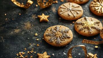 Gold and silver-accented Christmas cookies on a textured dark background, highlighted by soft lighting for a luxurious holiday scene. Christmas cookies video