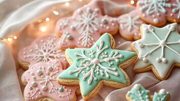 Playful pastel Christmas cookies decorated with tiny sprinkles and snowflake designs, surrounded by soft fairy lights and a dreamy atmosphere. Christmas cookies video