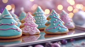 Unique Christmas cookies with artistic tree and snowflake designs, complemented by reflective surfaces and soft, unconventional holiday lighting. Christmas cookies video