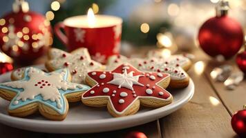 Lifelike 3D Christmas cookies arranged on a richly decorated table with ornaments, cocoa, and warm lighting for a realistic and festive holiday feel. Christmas cookies video
