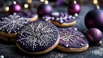 Elegant Christmas cookies in deep navy and royal purple with intricate icing designs, set against a dark, starry background with twinkling lights. Christmas cookies video