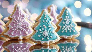 Contemporary Christmas cookies in abstract designs, placed on a reflective tray with teal and lavender lights adding a modern festive touch. Christmas cookies video
