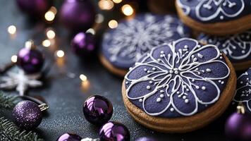 Mystical Christmas cookies in dark tones of navy and purple, surrounded by silver ornaments and hints of twinkling lights for an enchanting holiday scene. Christmas cookies video