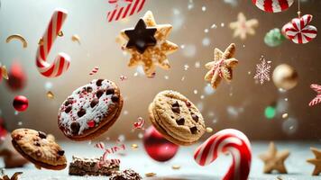 Dreamlike Christmas cookies floating with whimsical holiday elements like candy canes, snowflakes, and ribbons, creating a playful festive scene. Christmas cookies video