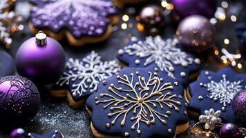 Festive cookies in deep purple and navy with detailed icing, arranged with silver ornaments on a moody, starry background. Christmas cookies video
