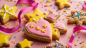 Bright, unconventional Christmas cookies in pink and yellow hues, decorated with sprinkles and icing, with colorful confetti and ribbon for a festive modern twist. Christmas cookies video