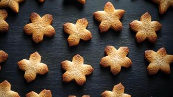 Elegant minimalist display of Christmas cookies with artistic lighting, arranged on a sleek black background focusing on texture and form. Christmas cookies video