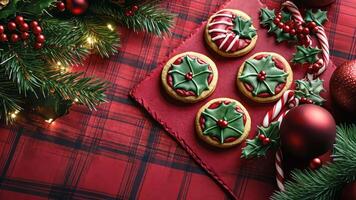 Festive Christmas cookie display featuring holly-themed cookies on a plaid tablecloth with a soft candlelight glow. Christmas cookies video