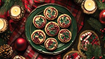 Traditional Christmas cookie scene with deep red and green cookies, adorned with holly, berries, and candy cane patterns on a plaid tablecloth. Christmas cookies video