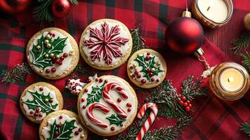 Classic Christmas cookies in red and green with intricate designs, set against a plaid backdrop with warm festive lighting. Christmas cookies video