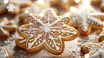 Highly detailed Christmas cookies featuring glossy frosting, sprinkles, and crumbs, with a softly blurred background for a delicious festive focus. Christmas cookies video