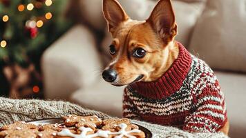 Dog-friendly Christmas cookies in the shape of bones and paws, with a cute dog in a festive sweater beside a cozy setting with a small Christmas tree. Christmas cookies video