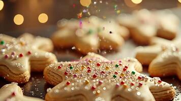 Detailed close-up of Christmas cookies with fine textures of icing, sprinkles, and sugar crystals, highlighted by glossy frosting and soft background blur. Christmas cookies video