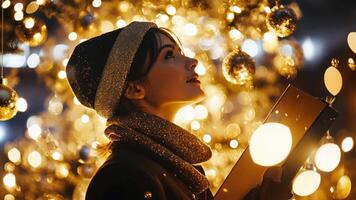 Festive caroler illuminated by golden and silver lights, standing in front of a luxurious holiday display adorned with metallic ornaments. Christmas carolers video
