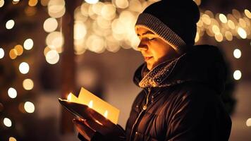 Softly blurred Christmas caroler in an artistic, expressive scene, with abstract light and shadow highlighting the emotional warmth of the holiday season. Christmas carolers video