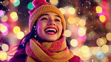 Vibrant Christmas caroler dressed in bright pink and yellow, singing joyfully under glowing fairy lights in a colorful, modern holiday setting. Christmas carolers video